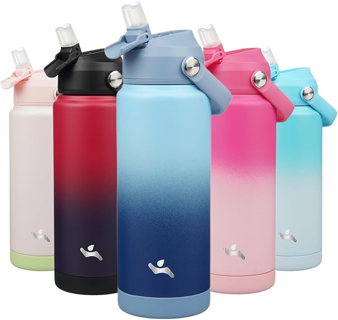 Insulated Water Bottle with Straw Lid,24 oz Stainless Steel Vacuum Metal Bottle with Silicone Handle,Sky