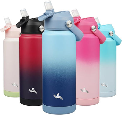 Insulated Water Bottle with Straw Lid,24 oz Stainless Steel Vacuum Metal Bottle with Silicone Handle,Sky