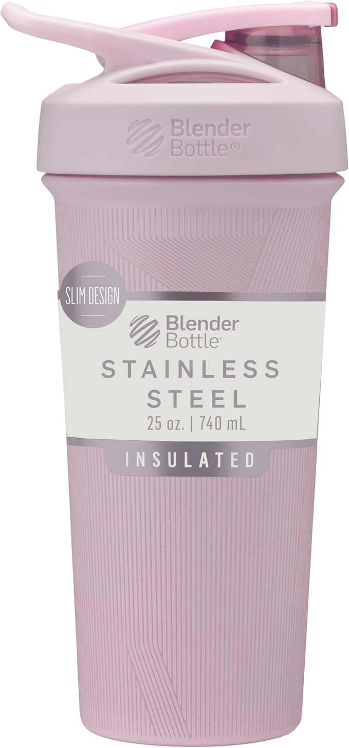 BlenderBottle Strada Shaker Cup Insulated Stainless Steel Water Bottle with Wire Whisk, 25-Ounce, Pink Stripes