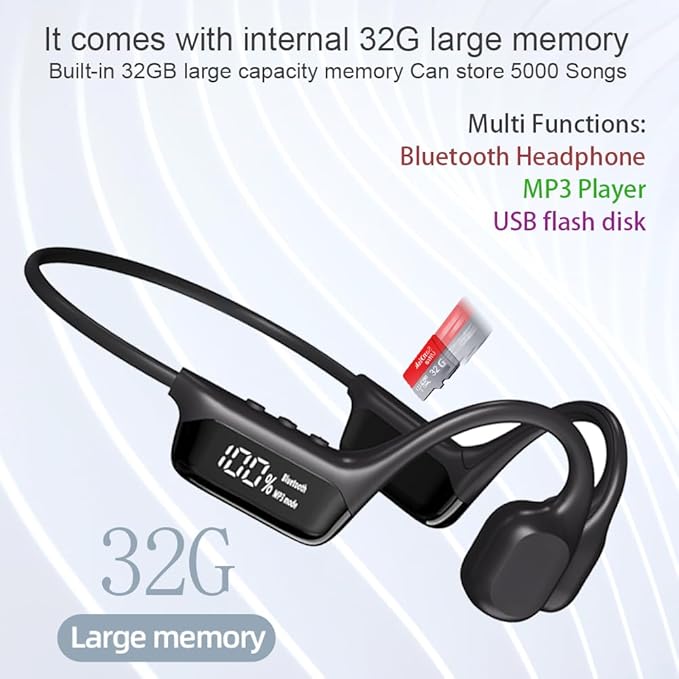 IHAO Swimming Headphones True Bone Conduction Open Ear Headset MP3 Player Built-in 32G Memory IP68 Underwater Waterproof Stereo Bluetooth Earphone for Driving Bicycling Running Skiing-S10 Black