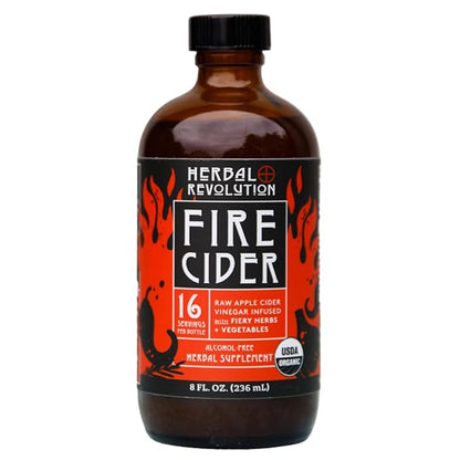 Herbal Revolution Fire Cider Apple Cider Vinegar - Certified Organic Non-GMO ACV Infused with Ginger, Horseradish, Hot Peppers, Honey, and More - Made Using Regenerative Farming Practices 8 Oz