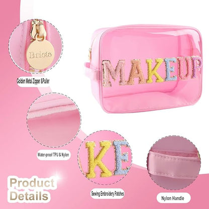 Large Clear Glitter Patches MAKEUP Pouch Preppy Transparent TPU and Nylon Cosmetic Bag Women (Pink-Makeup)