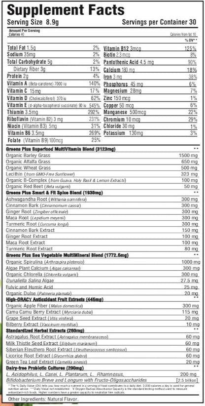 Greens+ Advanced Multi Vanilla Chai Superfood Powder, Organic Healthy Blend for Morning Vitality, Nutrition, Vibrant Health, Dietary Supplement, Vitamins Minerals, Vegan, Soy/Dairy/Gluten Free(9.4oz)