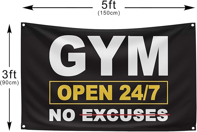 GYM OPEN 24/7 INDOOR NO EXCUSES Motivational Gym Banner, 3x5 Ft Single-sided Printing Inspirational Wall Decor Flag, Perfect Motivational Wall Decor, Keep Motivated and Passion with Gym Flag