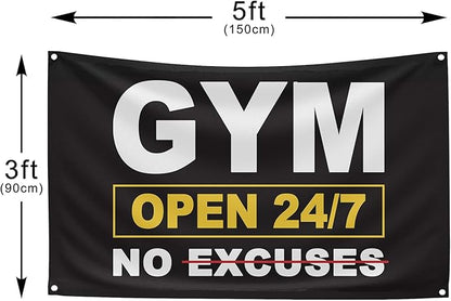GYM OPEN 24/7 INDOOR NO EXCUSES Motivational Gym Banner, 3x5 Ft Single-sided Printing Inspirational Wall Decor Flag, Perfect Motivational Wall Decor, Keep Motivated and Passion with Gym Flag