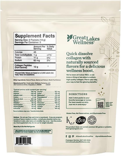 Great Lakes Wellness Collagen Peptides Powder for Skin, Hair, Nails, Joints & Digestion - Variety Flavors - Quick Dissolve Hydrolyzed, Non-GMO, Kosher - 6 Sticks - Packaging May Vary