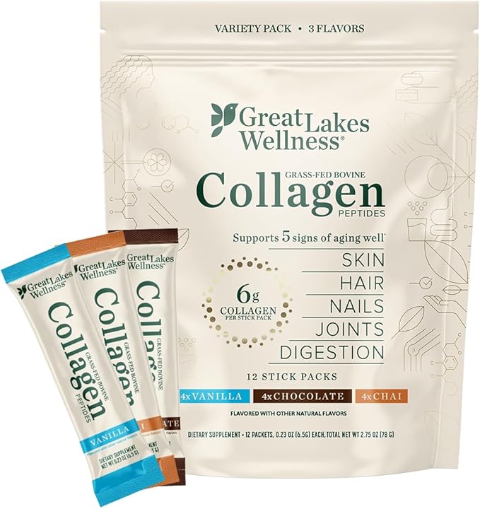 Great Lakes Wellness Collagen Peptides Powder for Skin, Hair, Nails, Joints & Digestion - Variety Flavors - Quick Dissolve Hydrolyzed, Non-GMO, Kosher - 12 Sticks