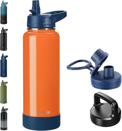 40oz Insulated Water Bottle with Straw, Stainless Steel Metal Vacuum Water Flask, Large Thermal Water bottle with Leakproof 3 Lids for Travel, Camping, Gym Sports Orange