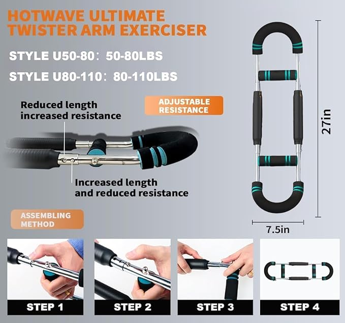 HOTWAVE Twister Arm Exerciser,Adjustable Spring Workout Bar, Forearm Triceps Chest Enhanced Exercise Strengthener,Portable Home Fitness Equipment