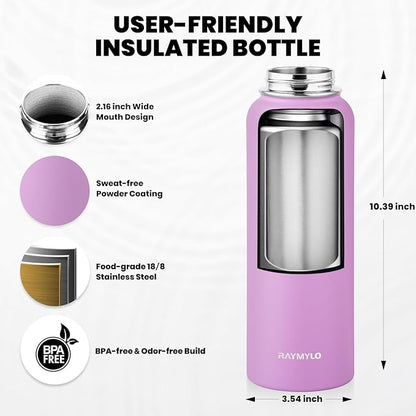 Insulated Water Bottle 40 oz, Triple Wall Vacuum Stainless Steel (Cold for 48 Hrs), Leak Proof & Non-BPA, Modern Water Flask Jug with Paracord Handle & Straw Spout Lids, Lilac