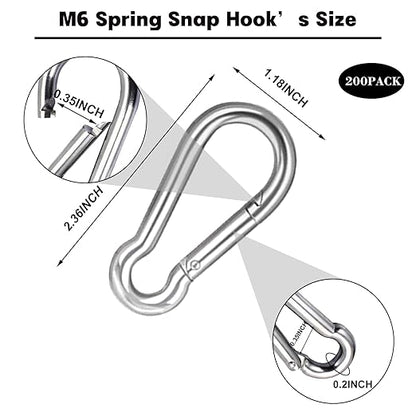 200PCS 2.36'' Spring Snap Hook, M6 1/4Inch Galvanized Silver Steel Carabiner Clip, Small Carabiner Clip 260LBS Holding Capacity Quick Link Clip Keychain for Hammock Dog Leash & Camping Gym