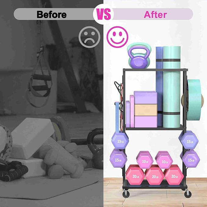 Dumbbell Rack Weight Rack for Home Gym Yoga Mat Storage Workout Equipment Organizer with Wheels