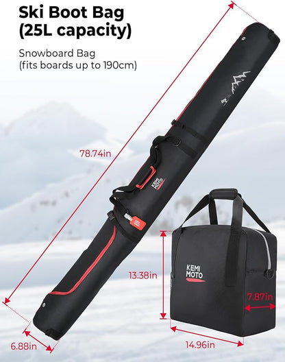 KEMIMOTO Ski Bag and Boot Bag Combo, Snowboard Bag Padded Ski Bags for Air Travel, Snow Ski Bags Fit Skis Up to 200cm, Ski Double Bag Combo