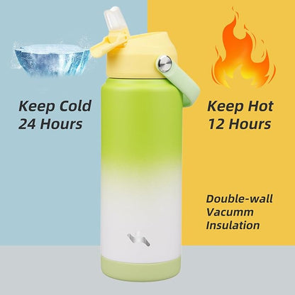 Insulated Water Bottle with Straw Lid,24 oz Stainless Steel Vacuum Metal Bottle with Silicone Handle,GreenWhite