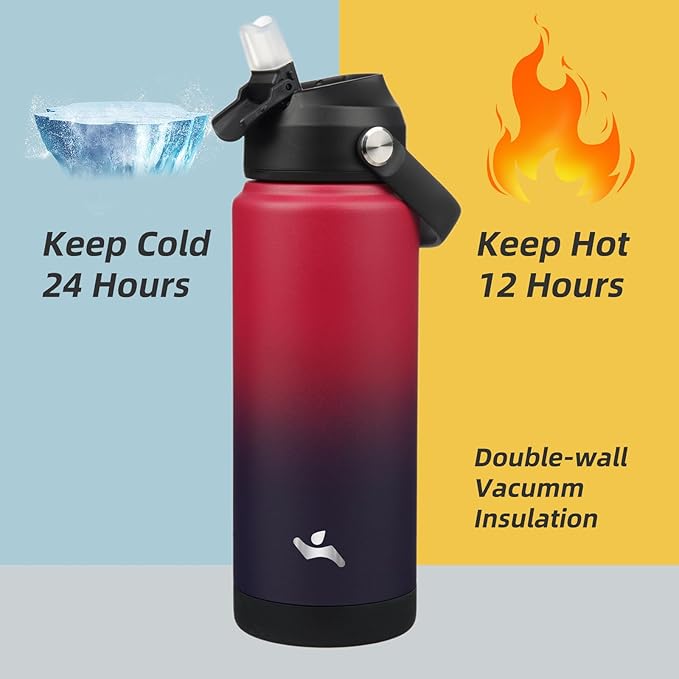 Insulated Water Bottle with Straw Lid,24 oz Stainless Steel Vacuum Metal Bottle with Silicone Handle,Rosy Red