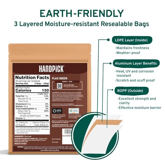 HANDPICK Flax Seed (2 lb) | Gluten Free Brown Seeds | Raw Seeds Sourced from India | Grinds easily, Gels perfectly | Resealable Zip Lock Pouch