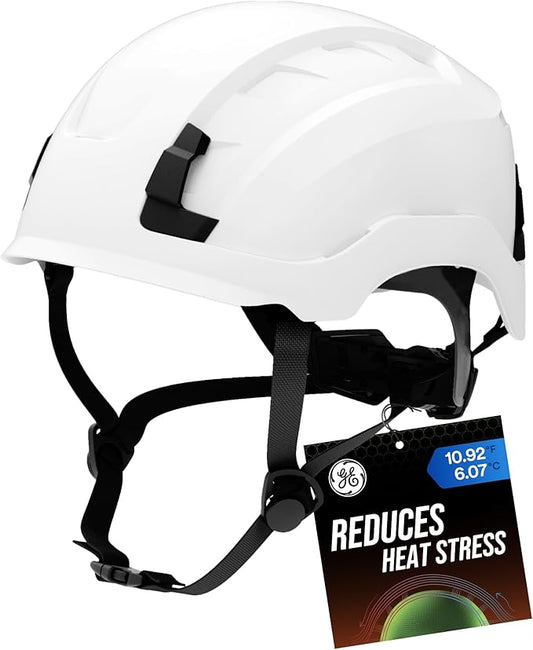 GE Safety Helmet, Impact Absorbing Tech, Adjustable Ratchet, ANSI Type 1, Memory Foam Padding, Hard Hats Protection, Lightweight, Durable, Chin Strap, Comfortable Fit OSHA Approved