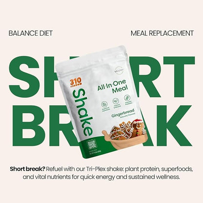 310 Nutrition All-In-One Meal Replacement Shake Powder - Plant-Based Protein Smoothie Blend w/High Fiber, Probiotics & Adaptogens - Low Carb, Vegan, Keto & Paleo Friendly - Gingerbread - 14 Srv