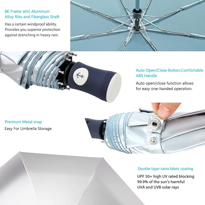 FDJASGY Silver Coating Layer Fabric Blocking UV 99.9% Sun Umbrella Compact Folding Travel Umbrella Automatic Folding Windproof Umbrellas For Men and Women (Blue)