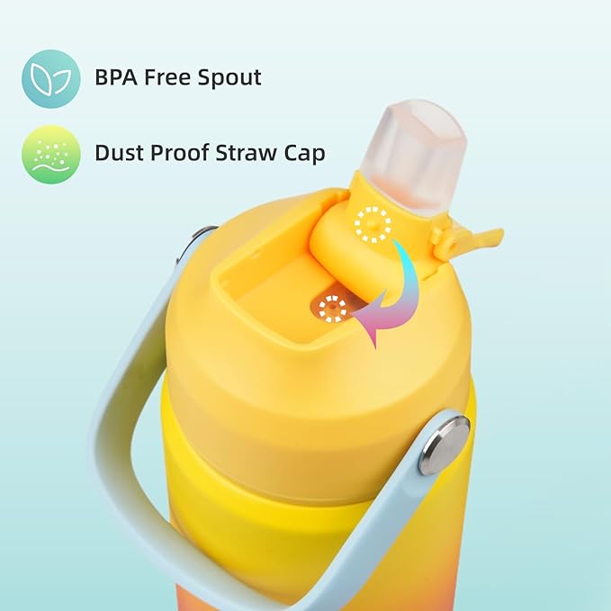 Insulated Water Bottle with Straw Lid,18 oz Stainless Steel Vacuum Metal Bottle with Silicone Handle,Rainbow