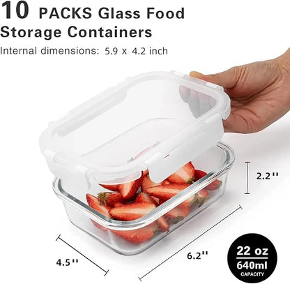 10 Pack 22 Oz Glass Meal Prep Containers with Lids, Reusable Glass Food Storage Containers with Lids, Leak Proof, Microwave, Oven, Freezer and Dishwasher Safe (White)