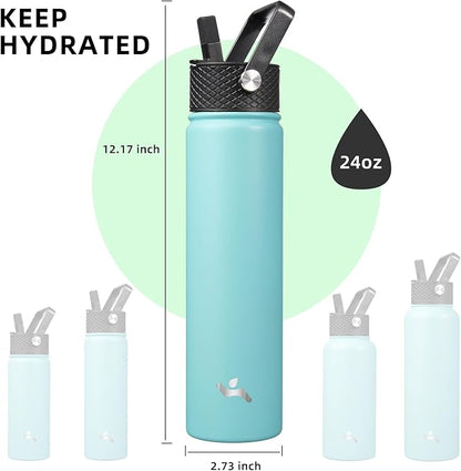 Insulated Water Bottle 24oz Stainless Steel Sport Bottles with 3 Lids,Turquoise