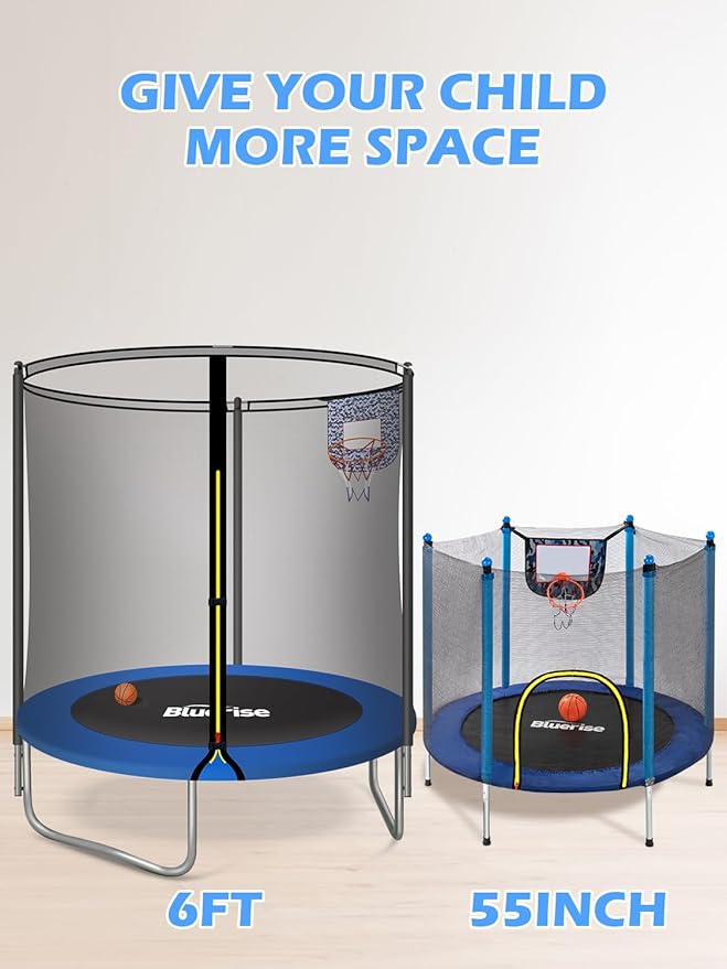 BLUERISE Trampoline 55IN 6FT Toddler Trampoline for Kids Indoor Outdoor Play for Kids Trampoline Basketball Hoop Attachment with Enclosure Net Easy to Assemble Outdoor Indoor Trampoline