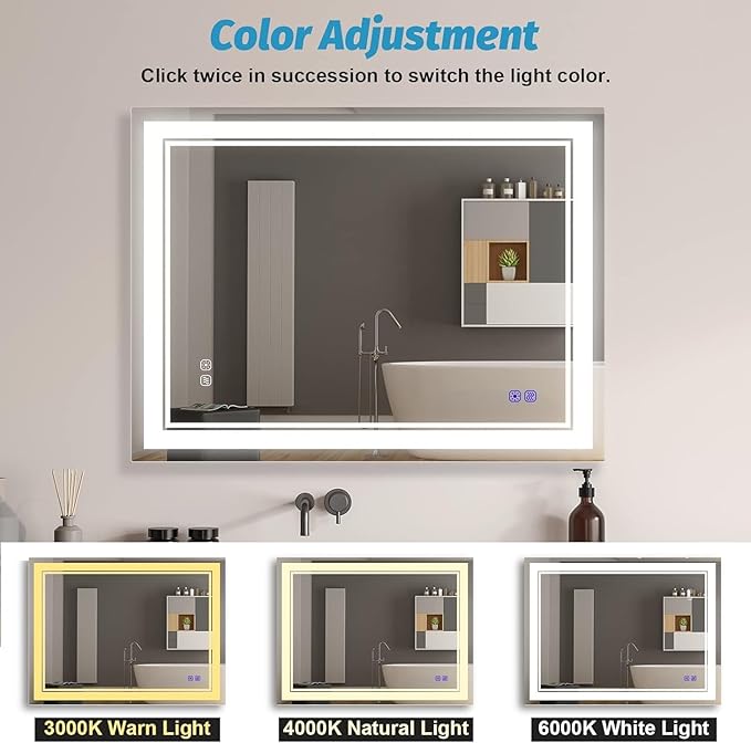Led Mirror for Bathroom 36x28 Inch Large Makeup 3 Colors