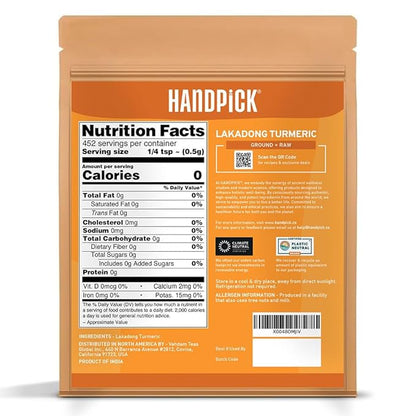 HANDPICK Lakadong High Curcumin Turmeric Powder (226g/ 8oz) Non GMO, Gluten Free, 100% Raw, Sourced from India, High Curcumin, Premium Quality, Packed in Resealable Ziplock Pouch