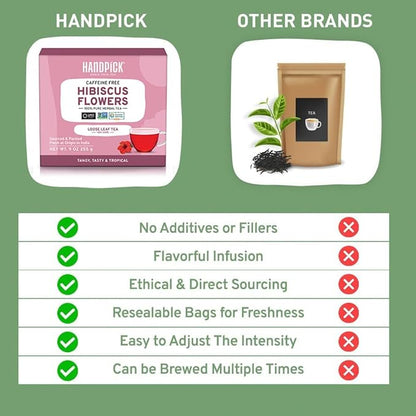 HANDPICK, Hibiscus Flowers Dried (9oz) Caffeine Free |100% Pure Dried Hibiscus Flowers for Loose Leaf Tea | Floral Herbal Tea