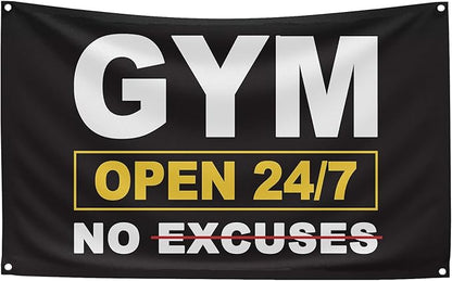 GYM OPEN 24/7 INDOOR NO EXCUSES Motivational Gym Banner, 3x5 Ft Single-sided Printing Inspirational Wall Decor Flag, Perfect Motivational Wall Decor, Keep Motivated and Passion with Gym Flag