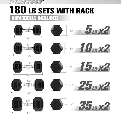 RITFIT 300/350/450/650/180/200/210 LB Rubber Hex Dumbbells Set with Optional Dumbbell Rack, Multi Weight Set to Choose, Ideal for Home Gym and Fitness