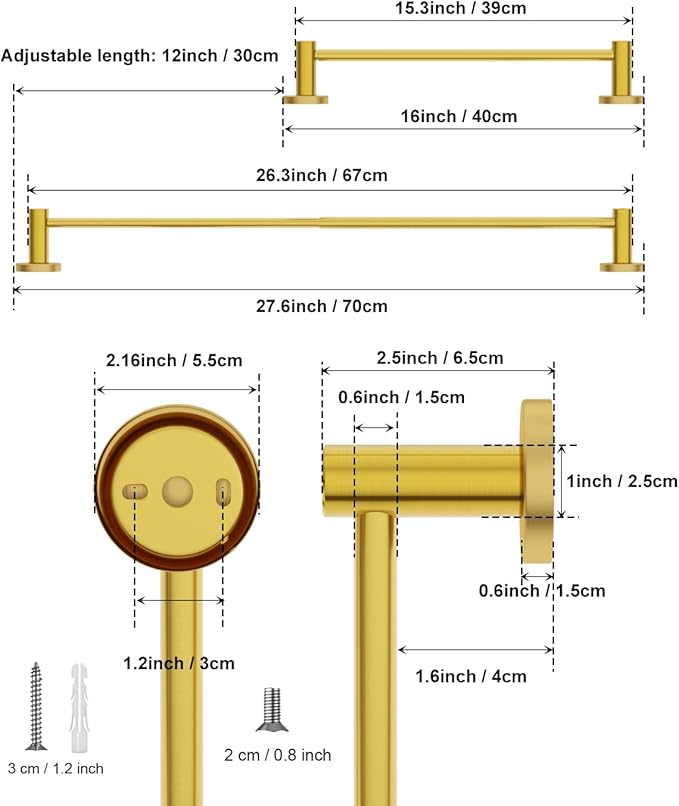 2 Pack Adjustable 16 to 27.6 Inch Single SUS304 Stainless 1" Diameter
