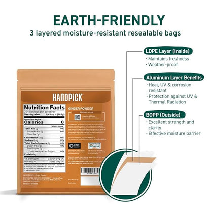 HANDPICK Ginger Powder (14oz/397g) No Additives, No Preservatives, No Fillers | Ginger Root Powder from India | Raw, Gluten Free, Non GMO | Perfect for Cooking, Baking | Resealable Zip Lock Pouch