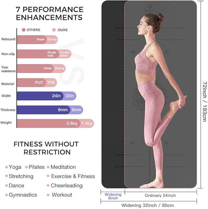Yoga Mat Non Slip TPE Extra Wide Yoga Mat with Alignment Mark, 72"L x 32"W x 0.32"/0.24"Th (183cm x 81cm x 8mm/6mm), Anti-Tear Exercise Mat with Carrying Strap and Bag, Workout Mats for Yoga, Pilates