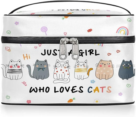 Large Makeup Bag Travel Cosmetic Bags for Women Colorful Cute Cartoon Animal Cat Makeup Organizer Case Toiletry Bag for Girls Traveling Wide Open Portable Pouch with Handle