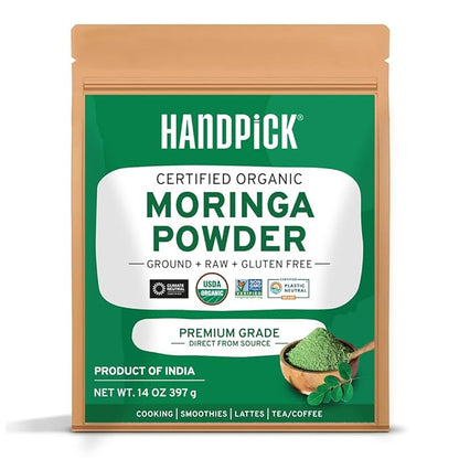 HANDPICK USDA Organic Moringa Powder (397g/14oz) Pure Moringa Oleifera Leaf Powder | Authentic Indian Origin | Gluten Free, Non-GMO | Perfect for Smoothies, Drinks, Tea & Recipes