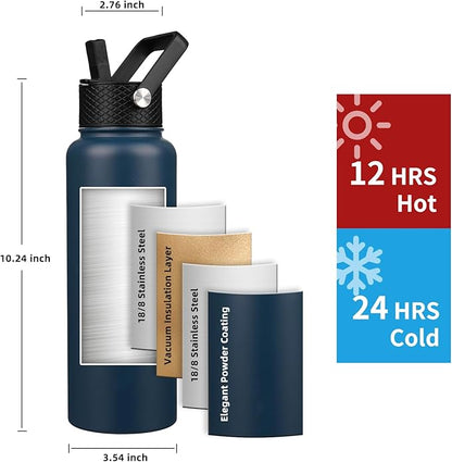Insulated Water Bottle 64oz,Triple Wall Vacuum Stainless Steel(Dishwasher Safe),Leak Proof & Non-BPA,Flask Jug with Paracord Handle & Straw Spout Lids Sports