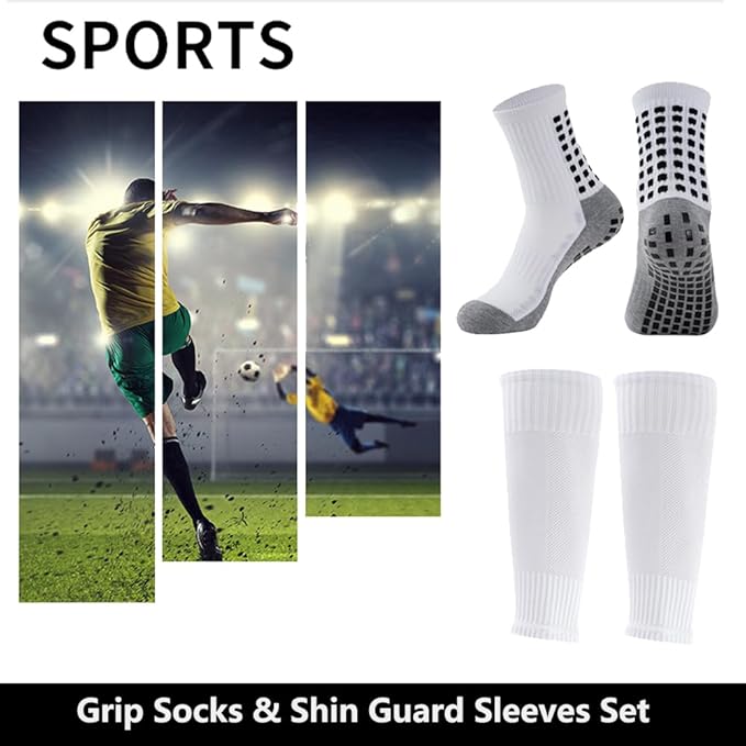 2 Set Anti-Slip Grip Soccer Socks with Shin Guard Sleeves, Sports Athletic Socks for Men Women
