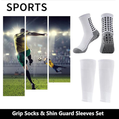 2 Set Anti-Slip Grip Soccer Socks with Shin Guard Sleeves, Sports Athletic Socks for Men Women