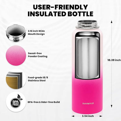 Insulated Water Bottle 40 oz, Triple Wall Vacuum Stainless Steel (Cold for 48 Hrs), Leak Proof & Non-BPA, Modern Water Flask Jug with Paracord Handle & Straw Spout Lids, Ombre Pink