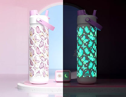 26 oz Insulated Water Bottle with 2-in-1 Straw and Spout Lid, Glow-in-the-Dark, 24H Cold, Leakproof, Fits in Car Cup Holder, Stainless Steel for Sports, Travel, and School (Luminous Flutter)