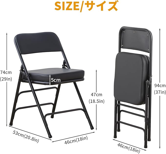 BOOSDEN Padded Folding Chair 2 Pack, Foldable Chair with Thick Cushion, Heavy Duty Metal Folding Chair for Outdoor & Indoor & Dining & Party, Black