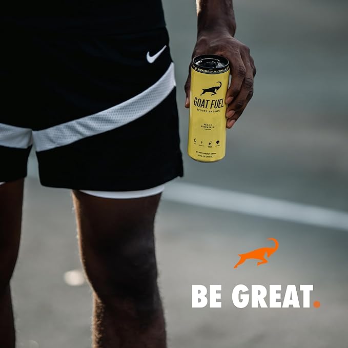 G.O.A.T. Fuel Energy Drink, Co-Founded by Jerry Rice, Natural Caffeine, Electrolytes, BCAAs, Cordyceps Mushrooms & Antioxidants, Light Carbonation Pre Workout, 12 Pack, 12 FL Oz, Peach Pineapple