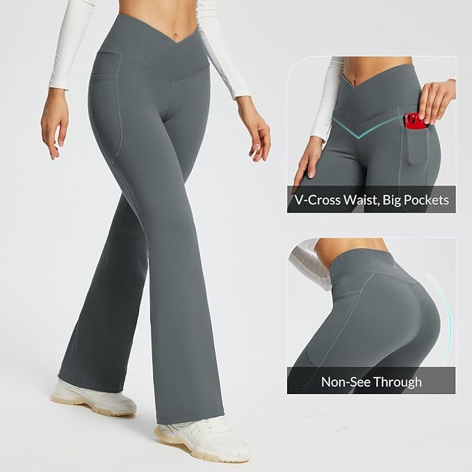 baleaf Women's V Crossover Flare Leggings with Pockets Yoga Pants High Waist Casual Workout Gym Bell Bottom Leggings