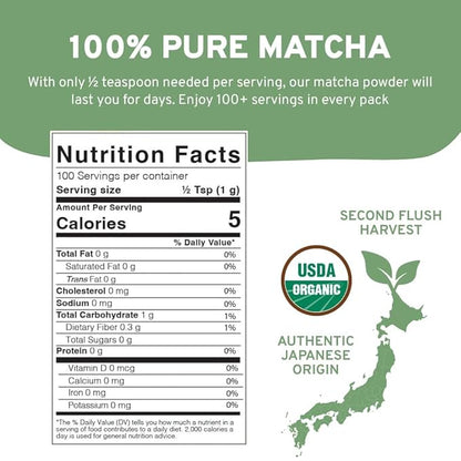 HANDPICK Japanese Organic Matcha Green Tea Powder (100 Servings) - Authentic Premium Second Flush Harvest | Resealable Ziplock Pouch