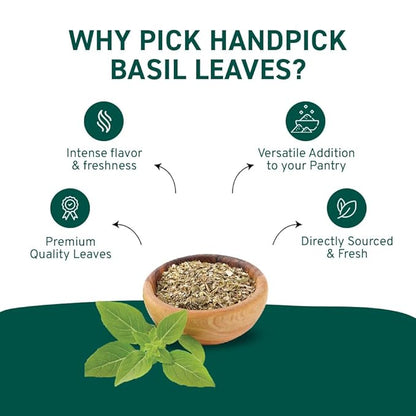 HANDPICK Dried Basil Leaves 40 Servings (100g/ 3.5oz) Non GMO, Gluten Free, 100% Raw Whole Tulsi Leaf, Sourced from India, Premium Quality, Packed in Resealable Ziplock Pouch
