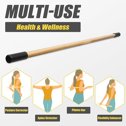 Bamboo Stretch Yoga Stick, 5ft/149 cm, Flexibility Stick for Physical Therapy, Premium Yoga Dowel with Super Sturdy Rubber Handle Ends, Exercise Bar for Posture Corrector