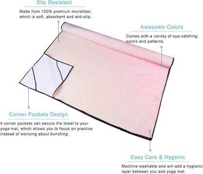 QiyI Yoga Mat Towel with Corner Pockets, Non Slip Sweat Absorbent Hot Yoga Towels, Soft Yoga Blankets with Travel Bag, Skidless Mat Cover for Workout, Gym, Fitness - 70"x26", Gradient Mandala