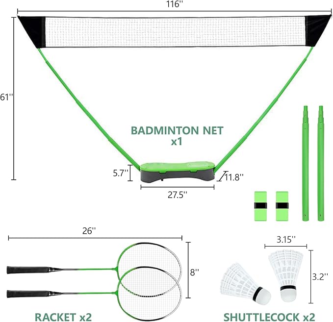 FBSPORT Badminton Set, Badminton Sets for Backyards, Portable Badminton Net Set with 2 Badminton Rackets 2 Shuttlecocks,10x5ft Net, Storage Base, Easy Setup for Backyard Combo Complete Badminton Set